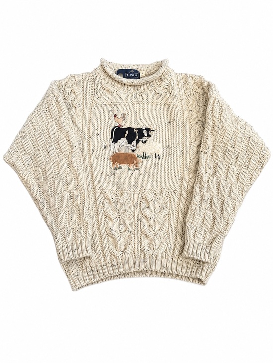 Tivoli Other - Vintage 90s Tivoli Aran Ireland Pure New Wool Farm Animal Cable Knit Sweater 5-7